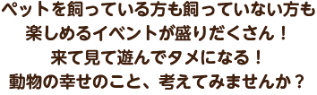 ペットを飼っている方も飼っていない方も楽しめるイベントが盛りだくさん！来て見て遊んでタメになる！動物の幸せのこと、考えてみませんか？