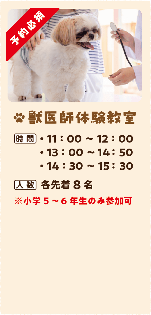 獣医師体験教室 開催時間　1回目11時から11時50分 2回目13時から13時50分 3回目14時30分から15時20分